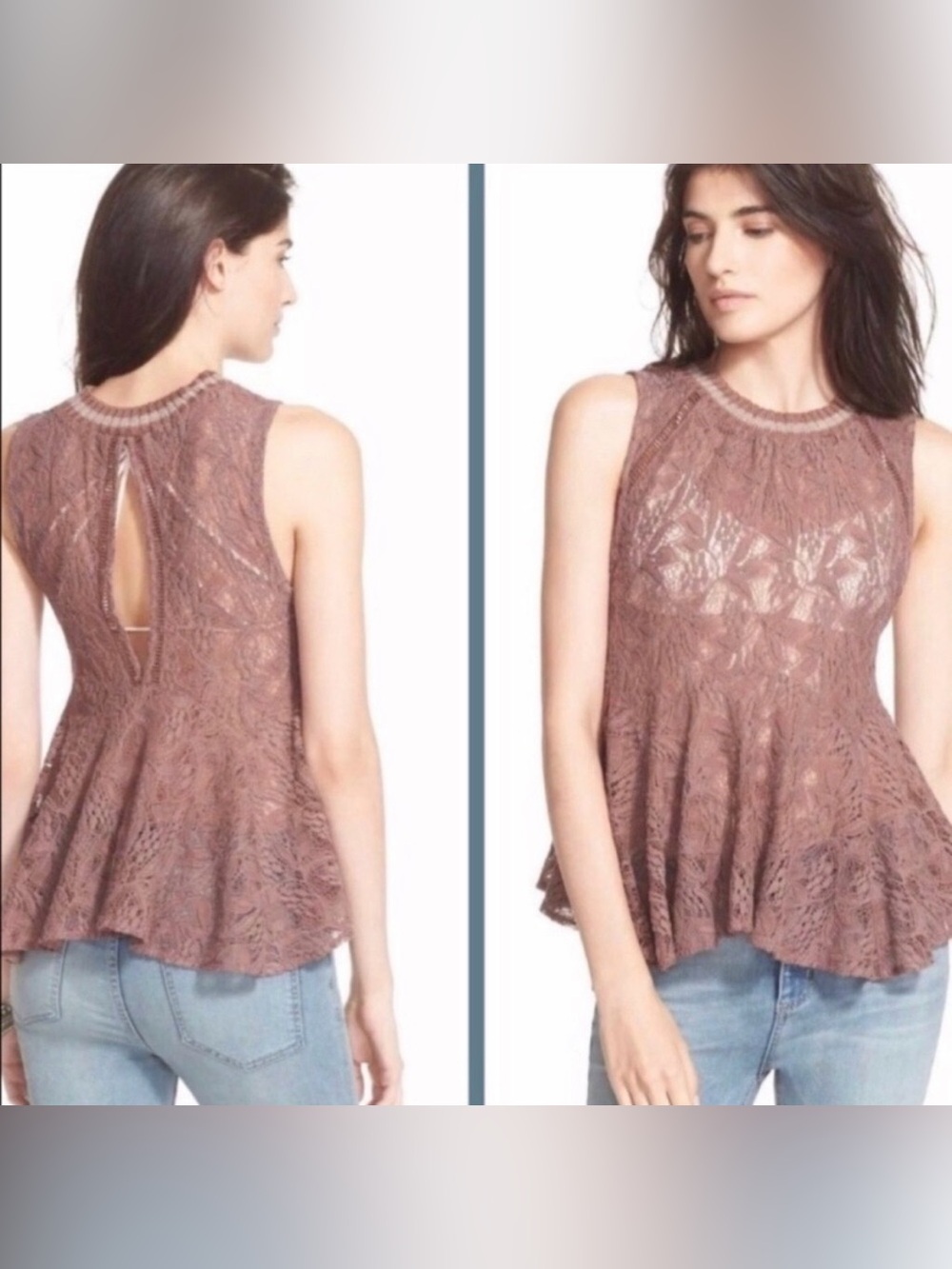 FREE PEOPLE Knit Lace Sleeveless Peplum Top